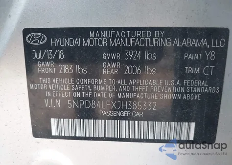 2018 Hyundai Elantra Value Edition z USA, uszkodzony, nr VIN 5NPD84LFXJH385332